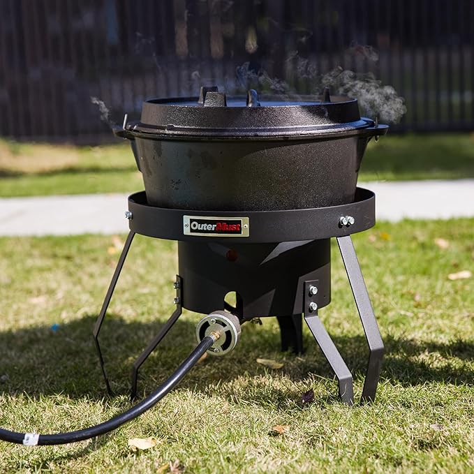 85000 BTU Camping Stove for Cast Iron Dutch Oven,Single Propane Burner with 10 PSI Regulator & Cast Iron Braided Holes, Heavy Duty Round Gas Stove for Outdoor Cooking & Camping