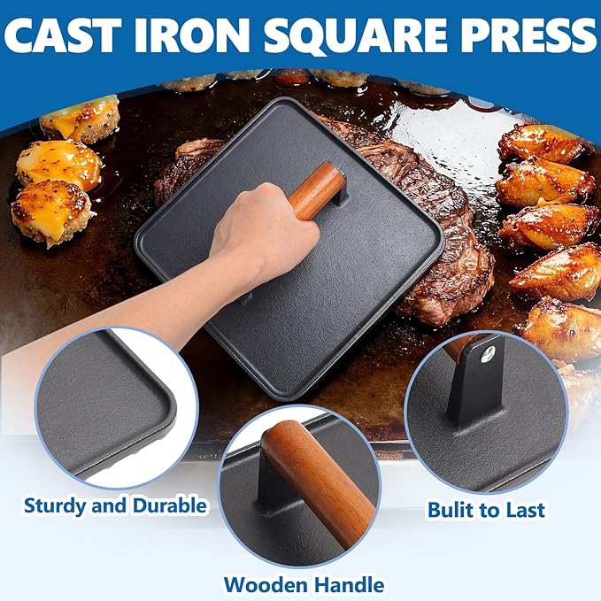 SafBbcue 14" Stainless Steel Rectangle Cheese Melting Domer Basting Cover & Cast Iron Rectangle Griddle Smash Burger Grill Weight Press for Blackstone, Pitboss, Camp Chef Flat Top Grills Accessories