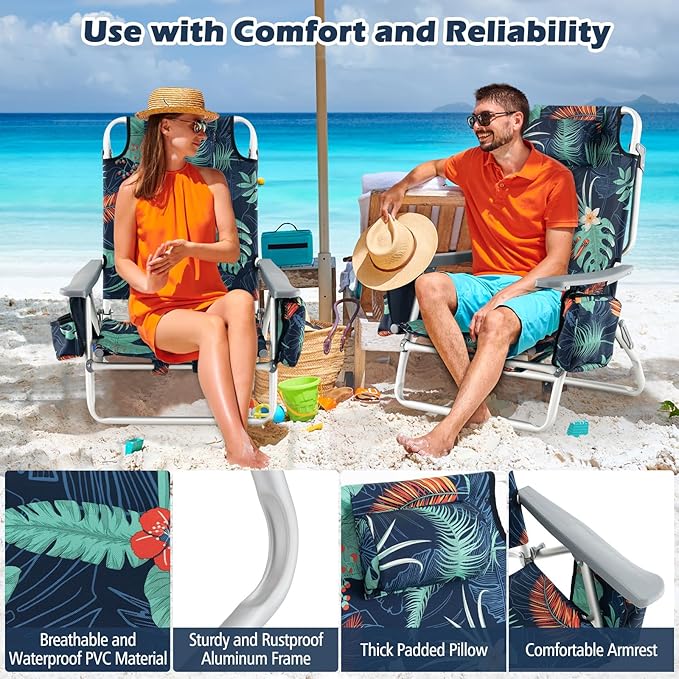 Goplus Beach Chair, Folding Backpack Beach Chairs for Adults with 5 Positions, Head Pillow, Cooler Bag, Towel Bar, Cup Holders, Sunbath Sling Tanning Lounge, Foldable Layout Camping Chairs