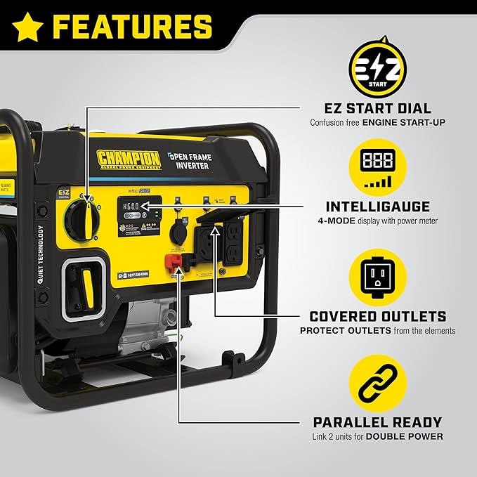 Champion Power Equipment 4500-Watt RV Ready Portable Open Frame Inverter Generator with Quiet Technology CO Shield