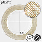 PARTY BARGAINS 13-Inch Charger Plates - 16 Pack, Clear Gold Textured Rim, Heavy-Duty Disposable Chargers for Elegant Dining - Ideal for Weddings and Formal Events