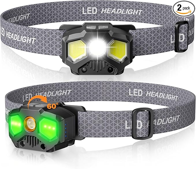 Rechargeable Headlamp, 2 Pack 1400 Lumens LED Headlamps with Red/Green/White 14 Modes Ultra-Bright Head lamp Rechargeable, Red Light Headlamp with Memory Function, Ideal for Outdoor Camping