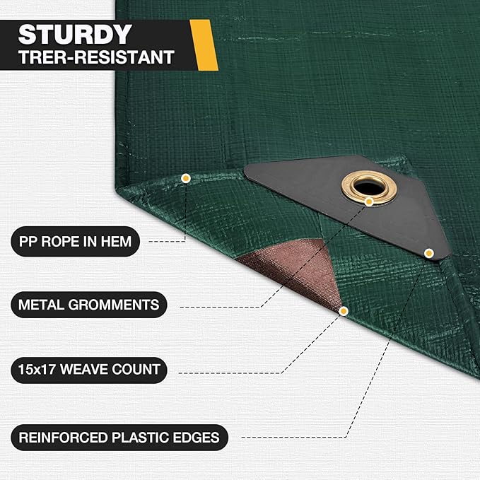 Tarp 10x12 Feet 16 Mil Heavy Duty Waterproof Tarp, Large Multipurpose Cover with Brass Grommets and Reinforced Edges, UV Resistant Thick Poly Tarps for Outdoor Camping Tent Pool Car, Green
