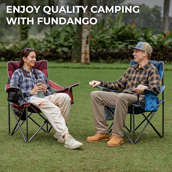 FUNDANGO Oversized Camping Chairs for Adults, Heavy Duty Fold Up Sports Games Lawn Chairs, Extra Wide Big Man Outdoor Chairs with Padded Lumbar Support Backrest, Bag Included for Camp, Beach, 2 Pack