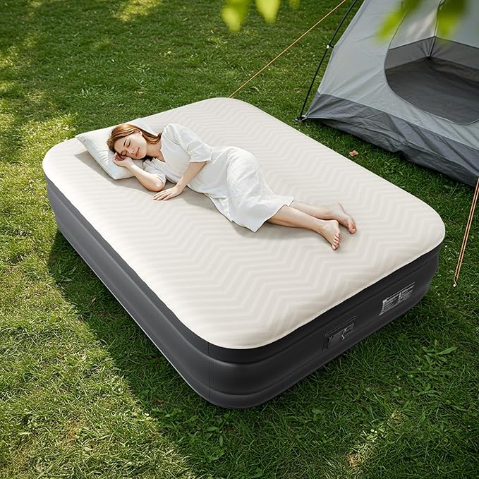 Outvita 18in Queen Air Mattress with Built-in Pump, Foam Topper Inflatable Air Bed Quick Assembly Comfort Luxury Blow Up Sleeping Mat for Guests and Home, Camping, Travel, 650lbs Weight Capacity