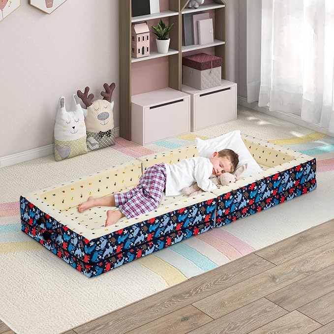 100% Cotton Lining Portable Foldable Toddler Travel Bed - Soft Foam Floor Bed with Washable Cover, Safe and Comfortable Toddler Crib, Ocean Blue