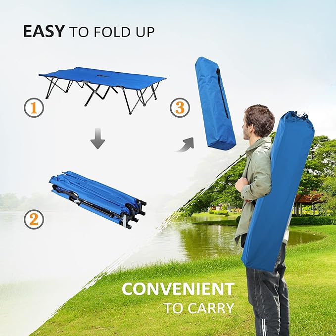 2 Person Folding Camping Cot for Adults, 50" Extra Wide Outdoor Portable Sleeping Cot with Carry Bag, Elevated Camping Bed, Beach Hiking, Blue