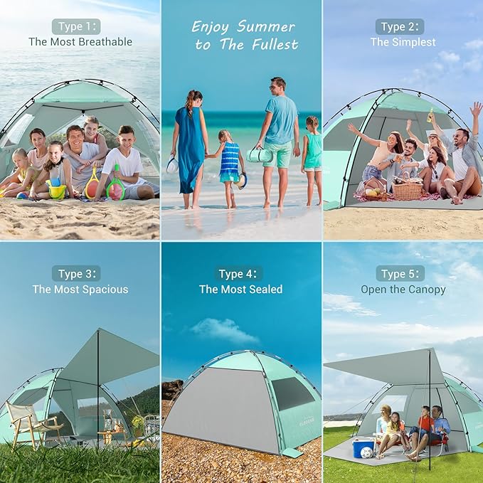 Elegear CumbreX™ Beach Tent Sun Shelter with Canopy, 6-8 Person Pop Up Beach Tent, Easy Setup UPF 50+ UV Protection Portable Lightweight Double Silver Coating Cabana Sun Shade Shelter - Green