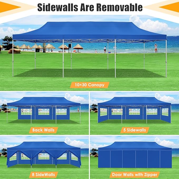 COBIZI 10x30 Heavy Duty Pop up Canopy Tent for Parties with 8 Sidewalls, Easy Setup Outdoor Commercial Gazebo for Wedding Event, Party Tent with Portable Bag & Sand Bags, Blue