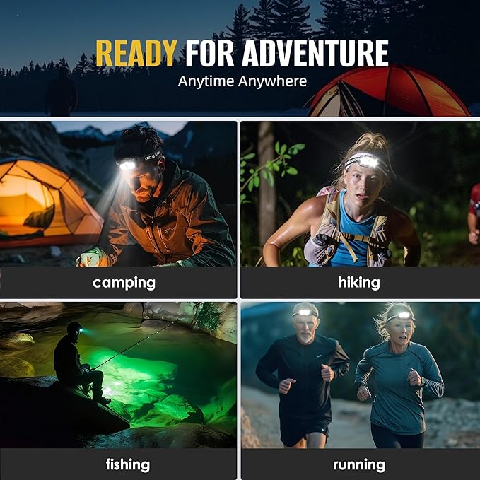 4-Pack LED Headlamp Rechargeable with Green & Red Light -1300 Lumen Ultra-Bright Flashlight Headlight for Camping, Running, Hiking, Fishing - Waterproof with 7 Modes