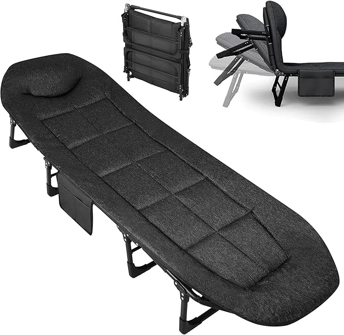 Garvee 79" Portable Folding Bed with Cushion and Pillow, Camping Cot for Adults with Supports 500 Lbs, Lightweight Tent Cot for Patio Beach Indoor Outdoor, Black