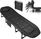 Garvee 75" Portable Folding Bed with Cushion and Pillow, Camping Cot for Adults with Supports 500 Lbs, Lightweight Tent Cot for Patio Beach Indoor Outdoor, Black