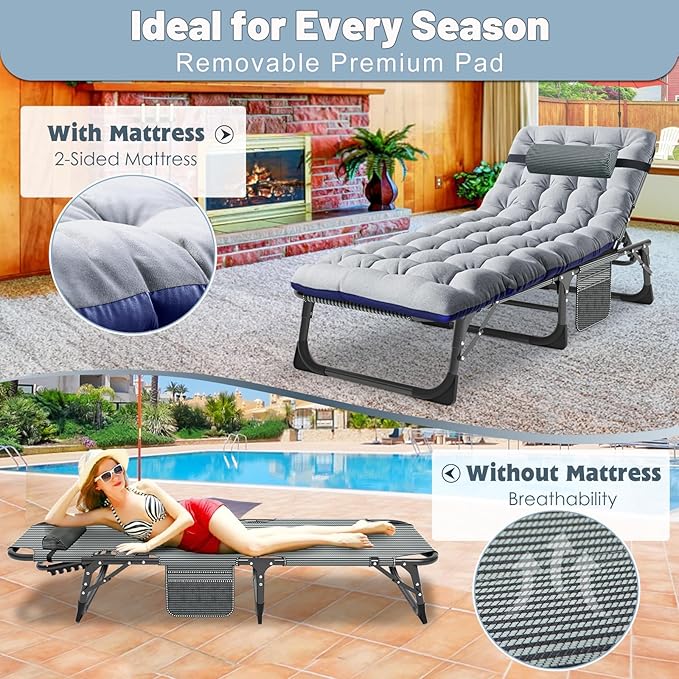 Slsy Sleeping Cots for Adults, 5-Position Folding Chaise Lounge Chairs Outdoor, Portable Folding Bed Cot Lounge Chair for Beach Lawn Camping Pool Sun Tanning