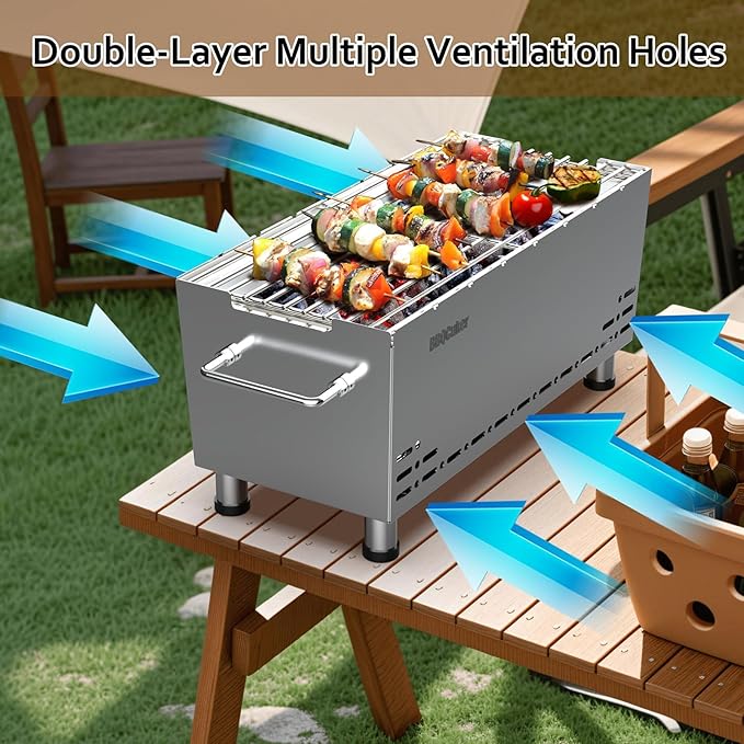 Portable Charcoal Grill,Heavy-Duty Stainless Steel Small BBQ Grill with Double-Layer Insulation Design,170 Sq. In. cooking Area,Tabletop Grill with Travel Bag for Outdoor Camping and Picnic