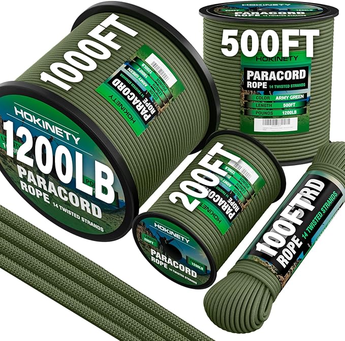 1200 Paracord Rope - 4.4mm 14 Strand Nylon Parachute Spool para Cord Lanyard for Outdoor Camping Survival Utility Tent Crafting DIY Projects Fishing Clothsline Bracelet - ArmyGreen 300FT