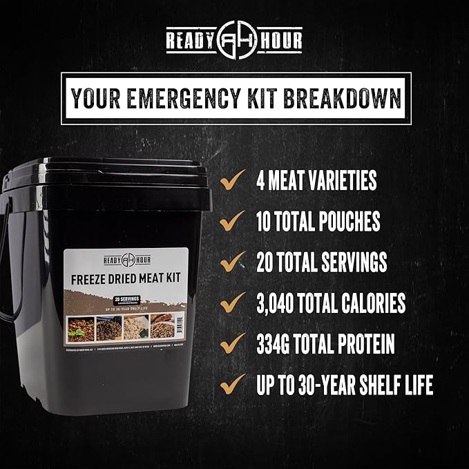 Ready Hour Freeze-Dried Meat Kit (20 Servings), Emergency Supply, Prepper Supply, Protein Source, Emergency Food, Prepper Survival Kit, Bulk Meat, Shelf-Stable, Long-Term Storage