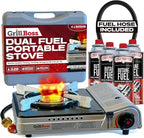 Grill Boss Dual Fuel Camp Stove w/ 4x 8oz Butane Canisters - 12,000 BTU Butane & Propane Portable Stove for Camping, Emergencies, BBQ, Hiking & Backpacking - Double Wind Guard, Piezo Ignition - 90057