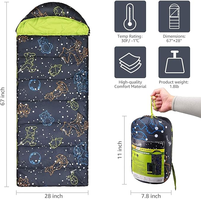AceCamp Kids Sleeping Bag, Glow-in-The-Dark Sleeping Bag for Kids and Youth, Portable Water-Resistant Kids Sleeping Bag, Temp Rating 30F/ -1℃, for Camping, Hiking, Slumber Party