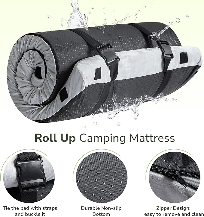 Memory Foam Camping Mattress 2.5 inch, Kids Portable Roll Up Camping Sleep Topper with Waterproof and Non-Slip Bottom, Camping Car Mat with Travel Bag, 63.5"×26.5"×2.5", Grey