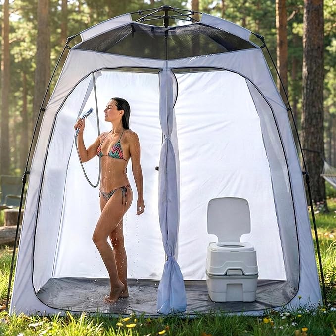 EighteenTek® Shower Tent Camping, 2-Room Portable Changing Room, Outdoor Shower Enclosure, Pop Up Privacy Tent Shelter with Floor & Doors, Waterproof & Lightweight, Camping Toilet Bathroom