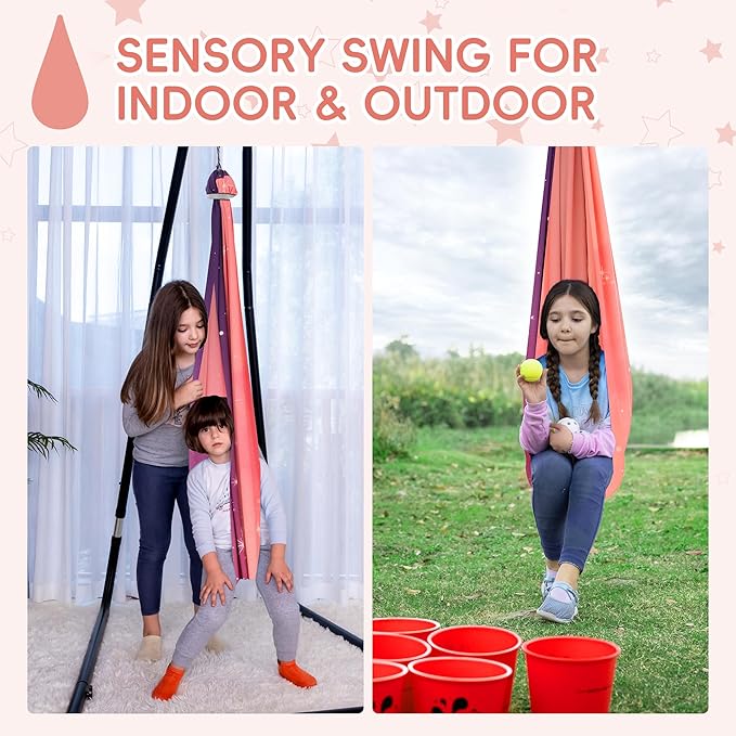 OUTREE Sensory Swing for Kids, Double Layer Therapy Hammock, Indoor Swing with 360° Swivel Hanger Kit and Adjustable Straps, Autism Sensory Product for Autism, ADHD or SPD (Pink Starry-Sky Printed)