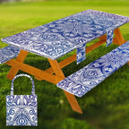 Picnic Table Cover with Bench Covers Vinyl Elastic Edges Fitted Rectangle Seat Tables Waterproof 3-Piece96X30in Set Outdoor Rectangular Folding Backing Tablecloth for Camping Over Size
