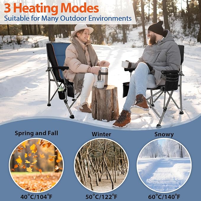 Heated Camping Chair with 20,000 mAh Battery, Loog-Lasting for 500 Mins, Fully Padded Heated Camp Chairs, Heavy Duty Folding Chairs Supports 500 lbs for Winter Camping, Picnics, Tailgating, RV Travel