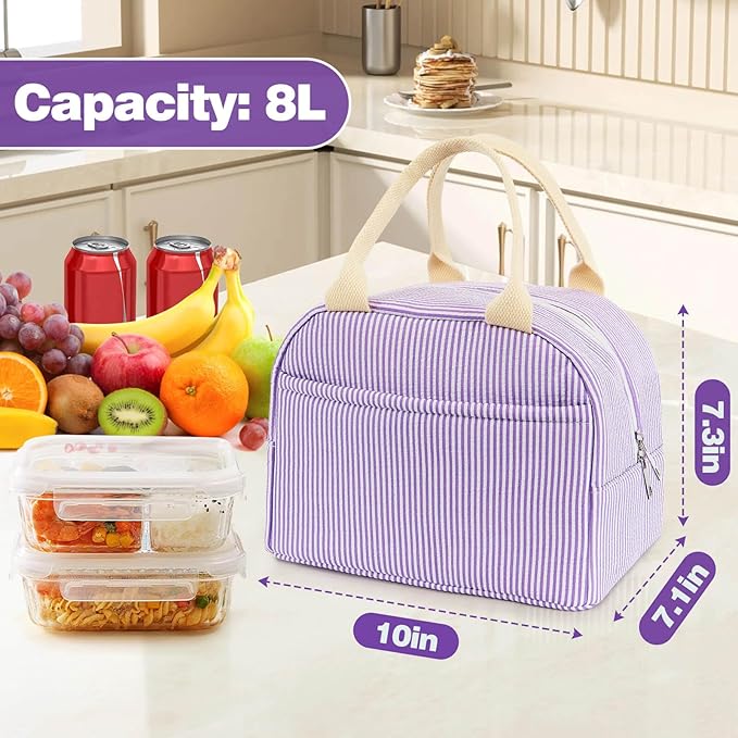 Lunch Bag For Women, Cooler Insulated Lunch Box For Travel Work Picnic College School Adult Large Capacity Lunch Bags, Purple Stripe
