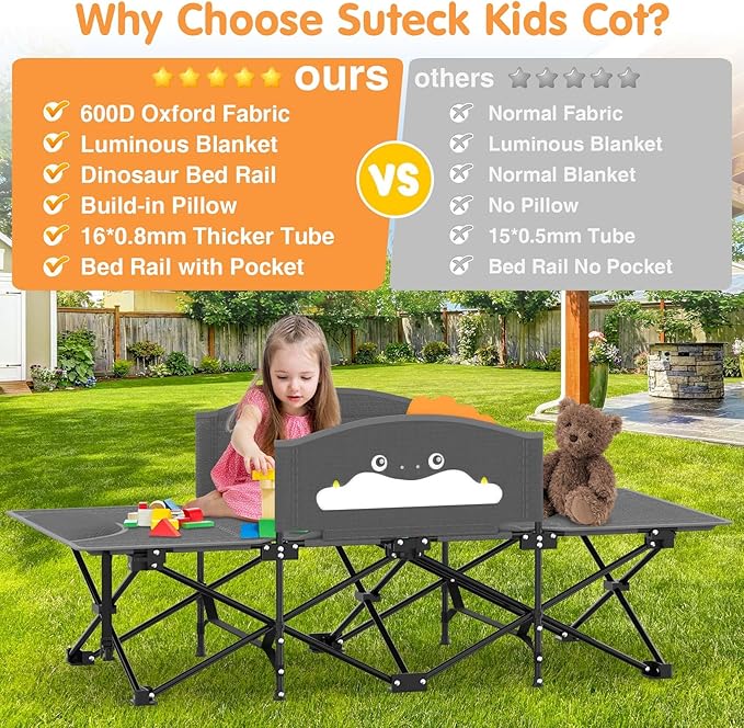 Suteck Kids Camping Cot, Comfortable Toddler Cot Bed Easy to Store and Use, Portable Sleeping Cot with Guardrail, Lightweight Bed for Outdoor Indoor Home