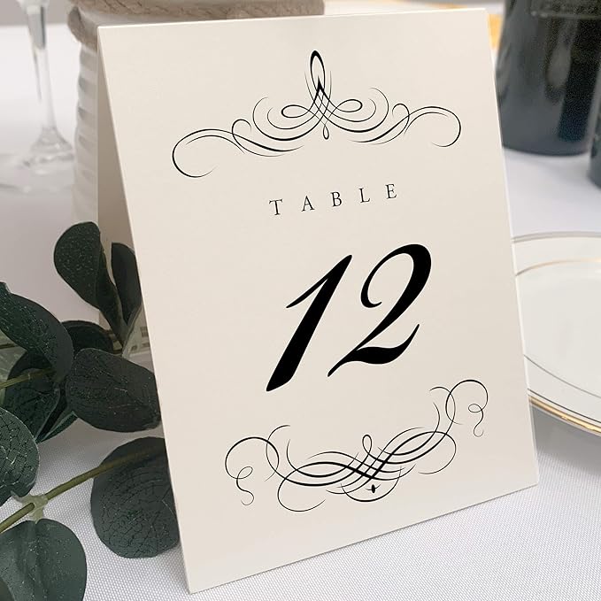 Decadent Flourish Wedding Table Numbers (Select Color/Quantity), Champagne, Black, 1-200, Double Sided, Tent or Use in a Stand, Great for Parties & Restaurants - Made in the USA