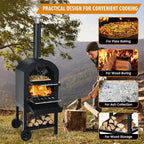 Happygrill Outdoor Pizza Oven Wood Fired, Portable Pizza Maker Grill w/Stone, Peel, Cooking Grids, Built-in Thermometer, Waterproof Cover, Wheels for Barbecue Backyard Camping