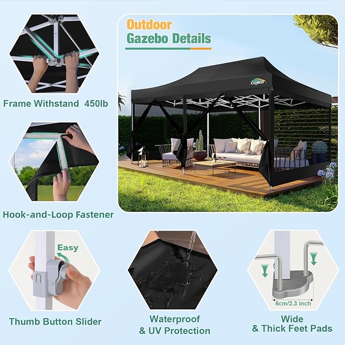 COBIZI 10x20 Canopy Tent, Heavy Duty Pop up Canopy with Sidewalls, Waterproof Easy Setup Canopy with Mosquito Netting, Outdoor Instant Screen Tents for Parties, Wedding with Roller Bag, Black