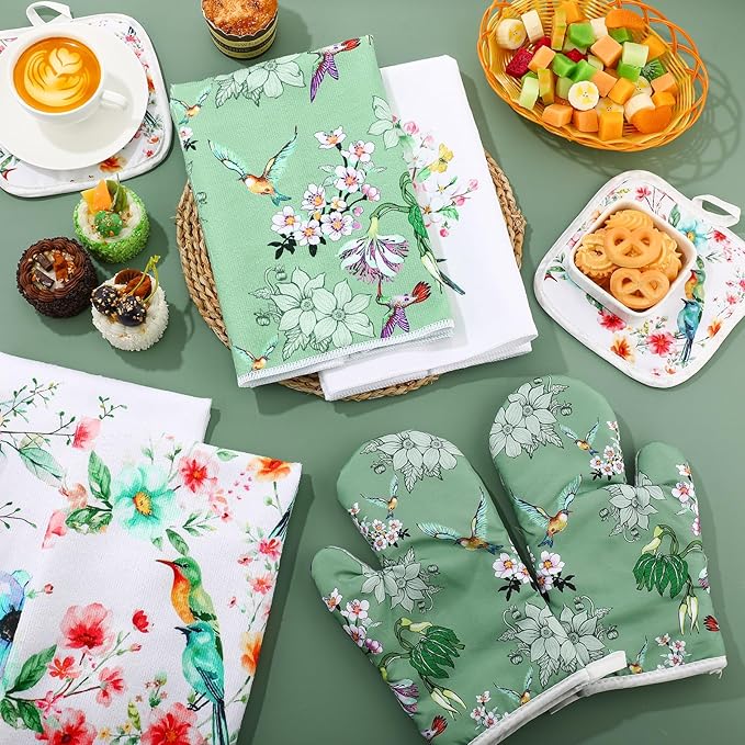 8 Pcs Birds Kitchen Gift Dish Towel Pot Holder Oven Mitt Set 4 Tent Car Tea Towels with Funny Sayings Novelty 2 Oven Mitts 2 Pot Holders Coffee Accessories Decor for Rv