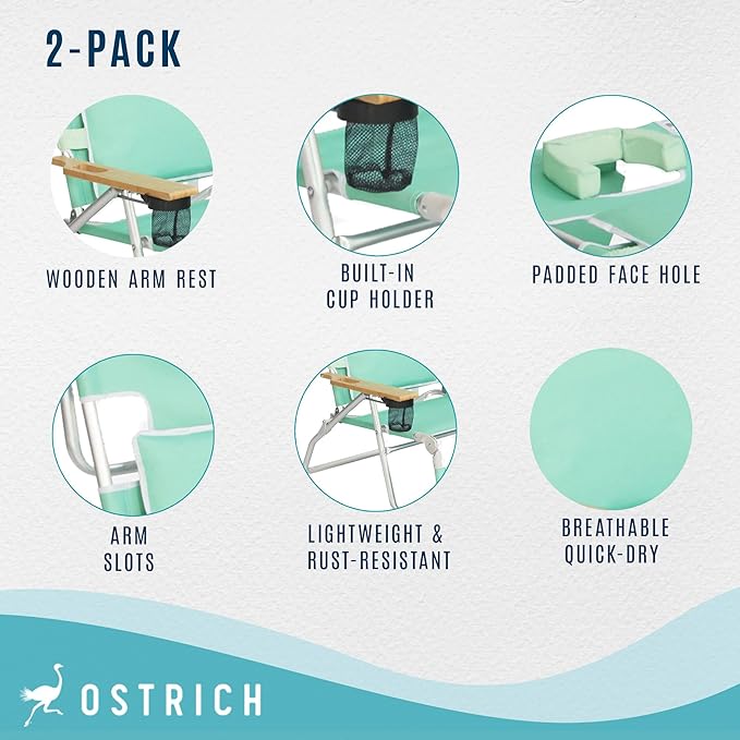 Ostrich Deluxe Padded 3-N-1 Lightweight Portable Adjustable Outdoor Folding Chair for Lawn Beach Lake Camping Lounge with Footrest, Teal (3 Pack)