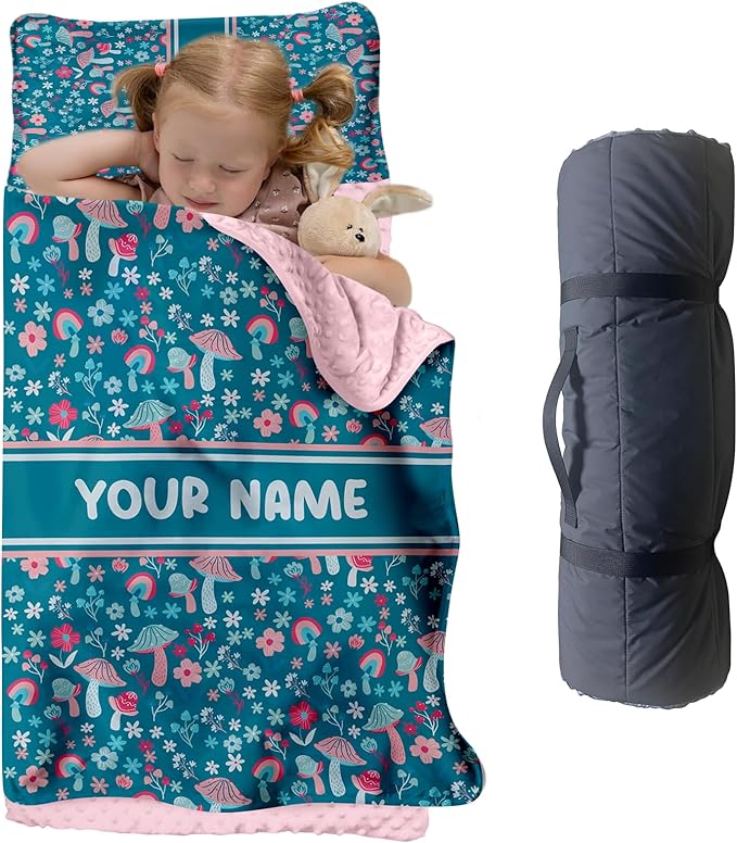 Personalized Toddler Nap Mat for Preschool, Custom Name Kids Sleeping Bag for Daycare, Kindergarten Roll Up Sleeping Mat with Removable Pillow and Soft Blanket, Fun Themes for Boys & Girls