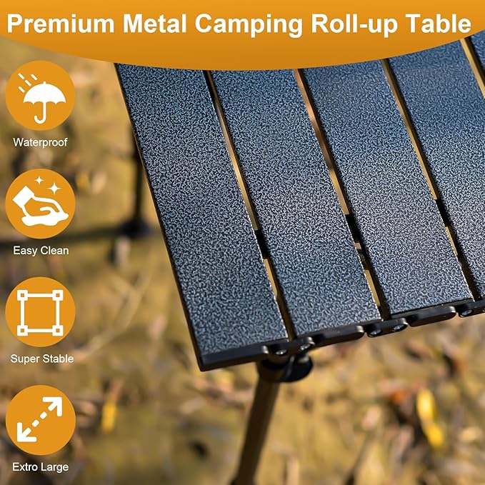 Folding Camping Table, Outdoor Roll-up Table Height Adjustable & Portable Metal Camp Grill Table for Picnic, BBQ, Party, Backyard, Beach, Mesh Storage and Carry Bag (Ash Black, 37.4'' Large)