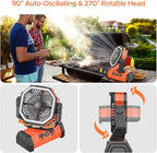 Rechargeable Camping Fan with LED Lantern, 20000mAh Auto-Oscillating Battery Operated with Remote/Hook/Timer, 8” Portable Fan for Picnic, Fishing,Tent, RV, Power Outages, Hurricane(Orange)