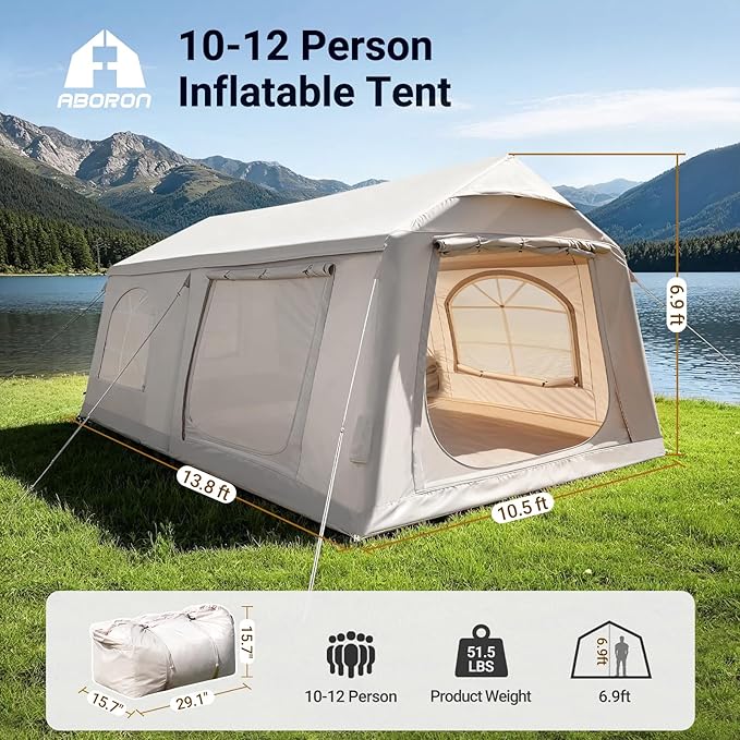 ABORON 2/6/8/10/12 Person Inflatable Camping Tent, Easy Setup Blow Up Tent with Hand Pump, PU3000mm Waterproof & Breathable 4 Season Glamping Tent for Outdoor Camping