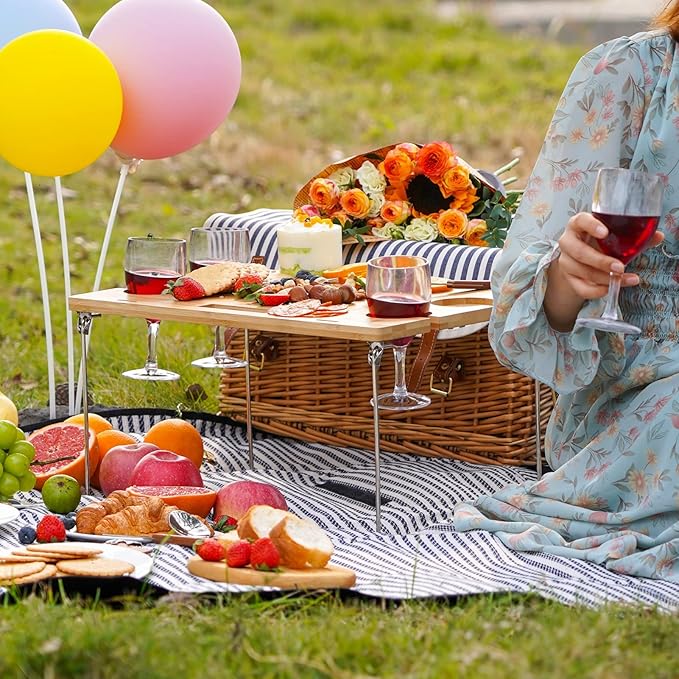 Wicker Picnic Basket for 4, 4 Person Picnic Kit, Willow Hamper Service Gift Set with Blanket Portable Bamboo Wine Snack Table for Camping and Outdoor Party