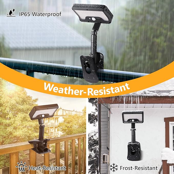 Clip On Solar Lights Outdoor with Motion Sensor, 360°Rotatable & Vertically Adjustable Solar Fence Lights with 92 LEDs (600 LM, 3000 K),IP65 waterproof Security light for deck, Gutter, Camping(2 Pack)