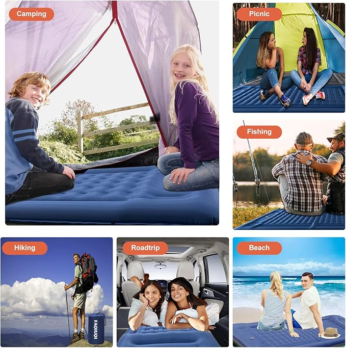 FAQIUQI Camping Sleeping Pads，Extra Thick 5 Inch Inflatable Sleeping Mat with Pillow Built-in Pump，Oversized Mattress Super Portable Backpacking Sleeping Pad (Blue)