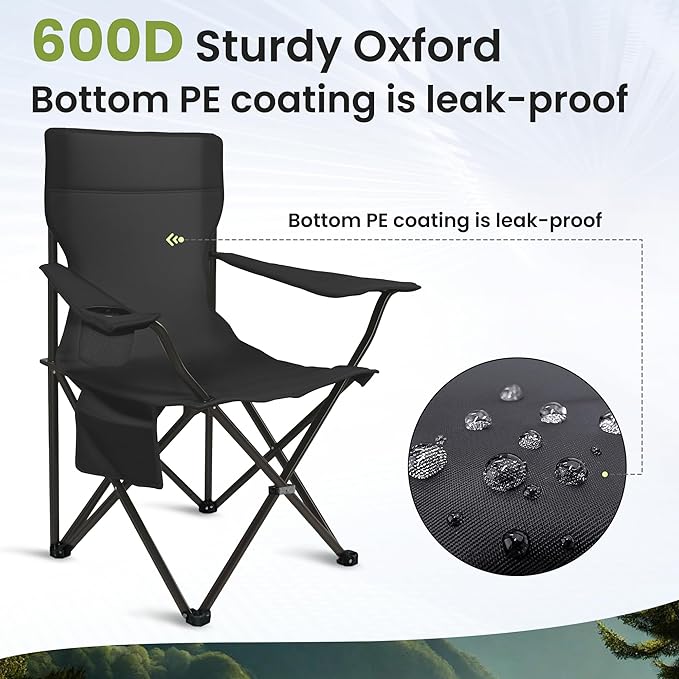 Portable Camping Chair 2 Pack, Folding Outdoor Chair with Cup Holder & Side Pocket for Camping (Black, 2 Pack)