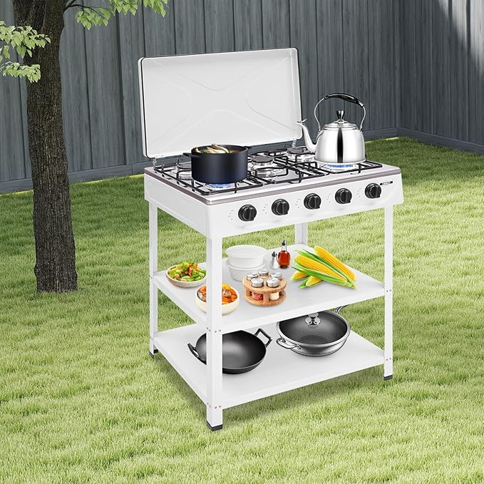5 Burner Natural Gas Burner Portable Camping Stove Manual Ignition Gas Stove with Support Leg Stand and Wind Blocking Cover for RV, Apartment, Outdoor Cooking