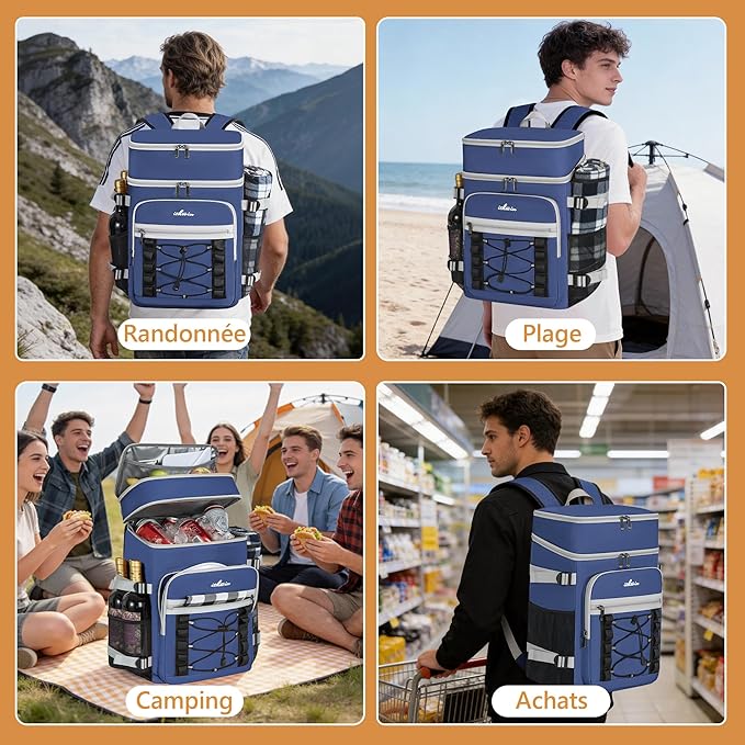 Cooler Backpack, 40 Cans Insulated Lunch Backpack Picnic Backpack for Men&Women, Durable Cooler Bag with 2 Leak Proof Compartments for Picnic, BBQ Camping, Lunch, Beach, Hiking, Blue