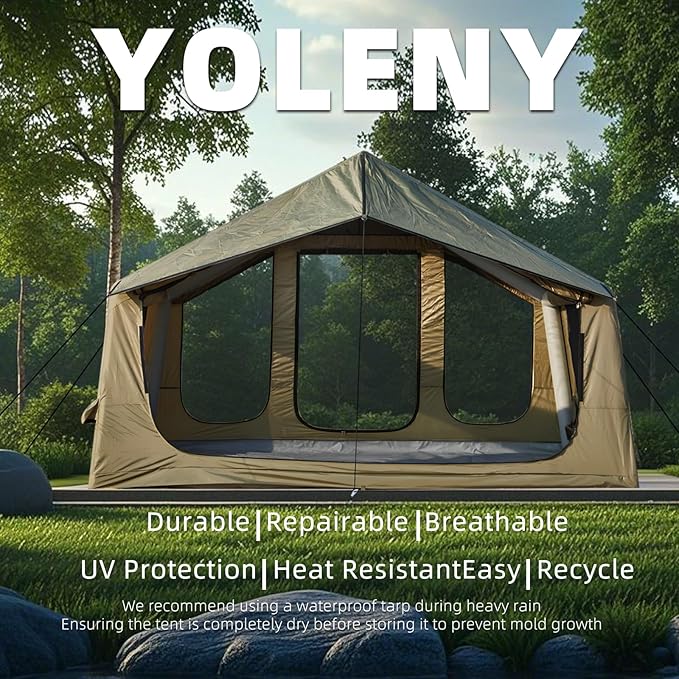YOLENY 2-4 Person Inflatable Tents for Camping, Quick Setup in 2 Minutes with Hand Pump, 4-Season Waterproof Windproof Oxford Blow Up Tent