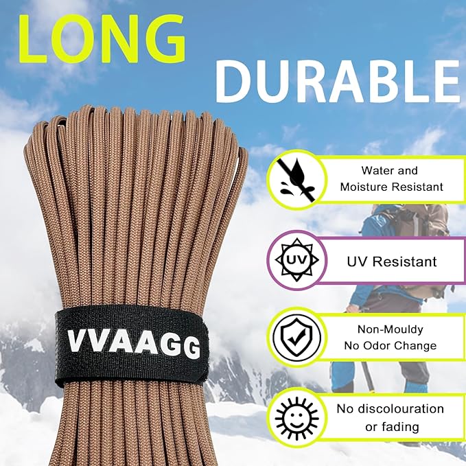 VVAAGG 1000 Tan Paracord 50FT Utility Parachute Cord 4mm Nylon String12 Strand Nylon Camping Rope, Tent Rope, Clothsline Rope for Survival & Camping Gear