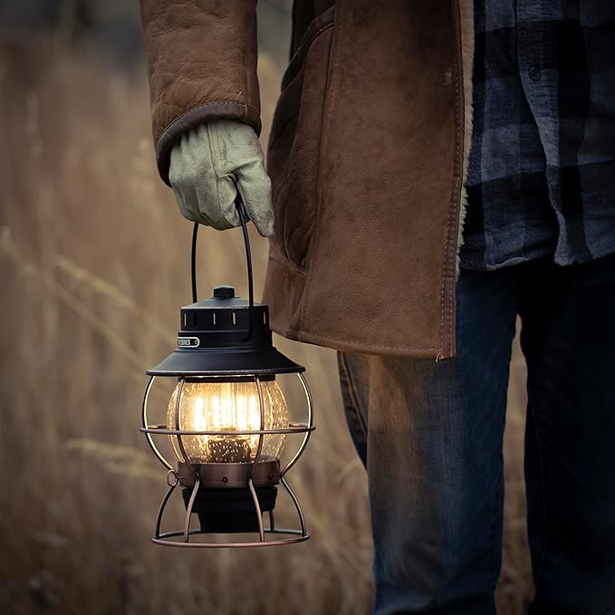Barebones Railroad Lantern – Antique Bronze, Vintage-Inspired LED Camping Lantern with Rechargeable Battery – Adjustable Brightness Outdoor Light for Camping Gear, Backyard, and Home Decor