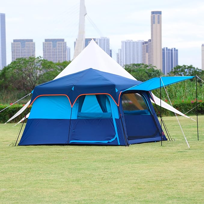KTT Extra Large Tent 10-12-14 Person(B),Family Cabin Tents,2 Rooms,3 Doors and 3 Windows with Mesh,Straight Wall,Waterproof,Double Layer,Big Tent for Outdoor,Picnic,Camping,Family Gathering