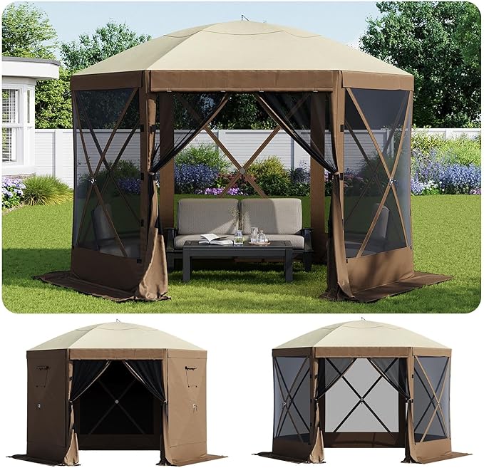 Aoxun 10x10FT Pop-up Canopy Shelter Tent, 6-Sided Canopy Tent with Carry Bag and Stakes, Screen House Sun Shelter Tents for Camping, Backyard, Patio, Lawn, Brown