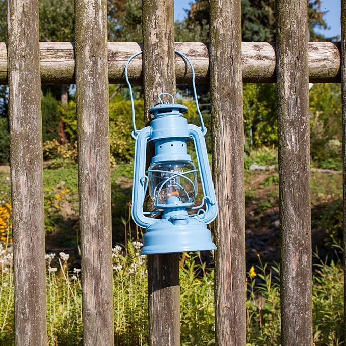 Feuerhand Outdoor Kerosene Fuel Lantern, German Made Weather Resistant Baby Special 276 Galvanized Hurricane Lamp for Camping or Patio, 10 Inches, Pastel Blue